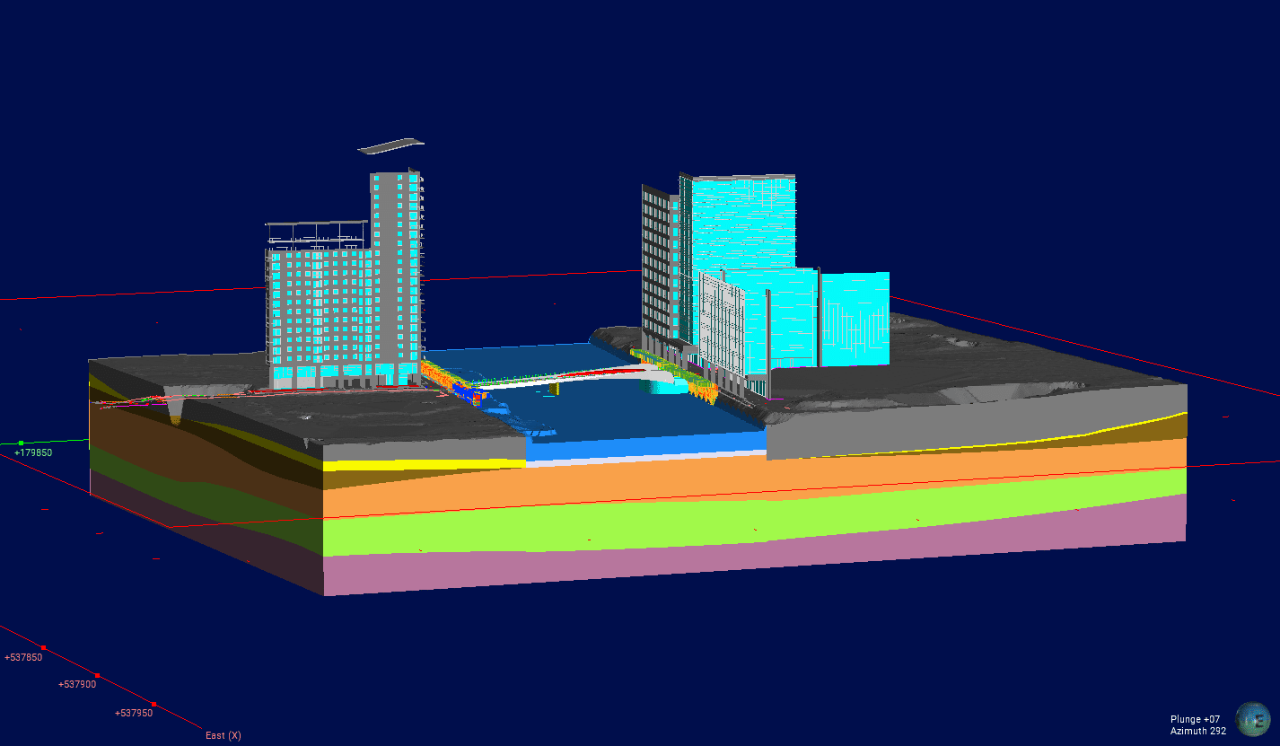 Arcadis Leapfrog 3D modeling showing the subsurface geology for South Dock Bridge.