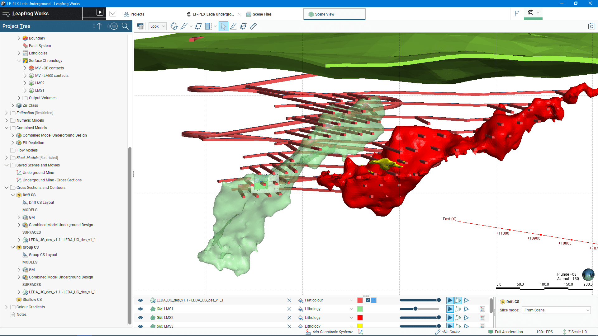 A screenshot of a Scene View of a 3D subsurface model in Seequent's Leapfrog Works