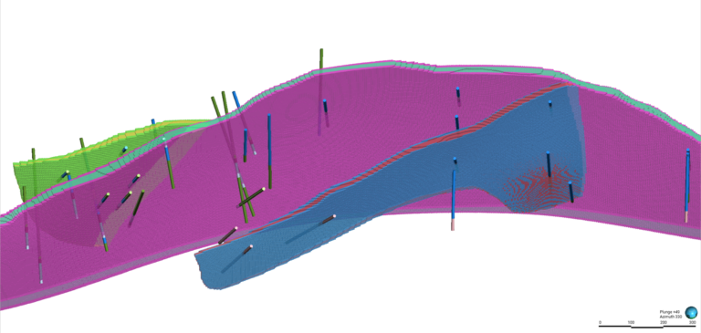 3D geological model of narrow vein structures in purple and blue, intersected by multi-coloured borehole cylinders on a white background.