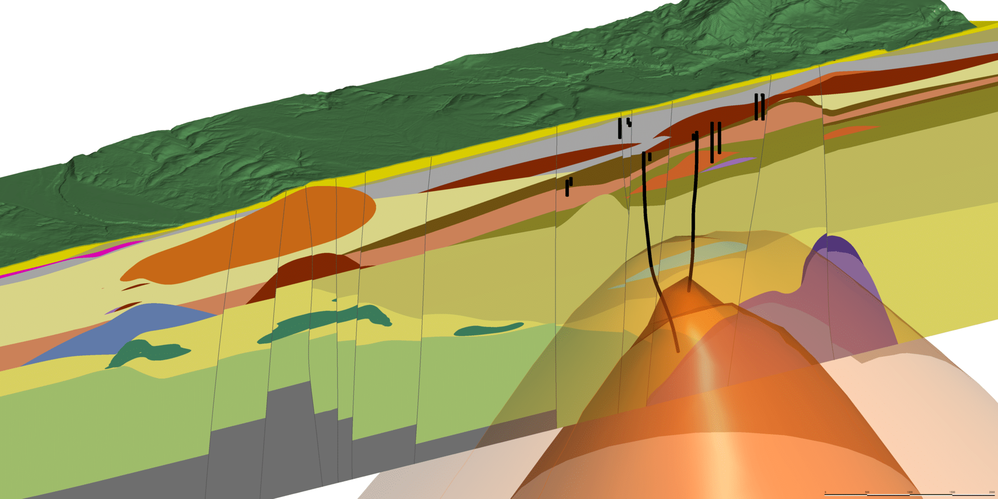 : A slice through geological and temperature models built in Leapfrog Energy of the Rotokawa and Ngā Tamariki Geothermal Fields in New Zealand, Operated by Mercury
