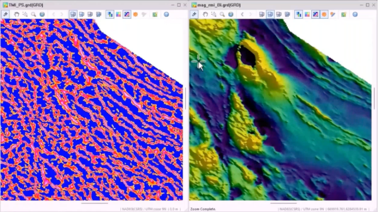A split-screen interface showing two geophysical data maps of the same terrain: the left side displays a high-contrast, blue and orange 2D grid of magnetic intensity, while the right side shows a 3D-rendered topographic version of the data using a yellow-to-purple color gradient.