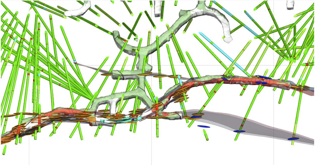 An OceanaGold model showing Driver ellipsoids with vein splay offshoots from the mapped vein.