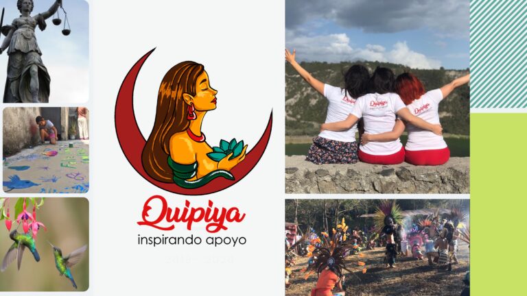 A digital collage of various photographs showing statues, chalk art on floors, hummingbirds, women waving, and a cultural festival surrounidng a Quipiya logo with the tagline "inspirando apoyo"