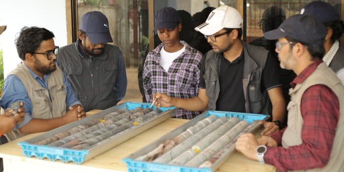 The Sakariya team review drill core samples from the Tanga Graphite Project (Source: Sakariya).