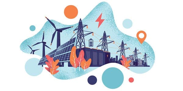 Renewable energy smart power grid system concept. Modern grain style vector illustration solar panels, wind turbines, battery storage, high voltage electricity power transmission grid and clean city.