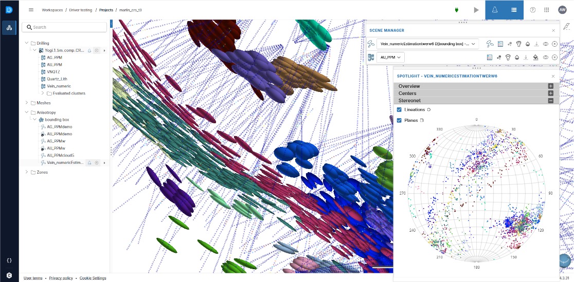 A screenshot of the Seequent Driver interface on the Evo platform showing a 3D geological model. The scene displays automated anisotropy trends using colorful local ellipsoids derived from drilling data, alongside a stereonet plot in the Spotlight tool for structural trend analysis.
