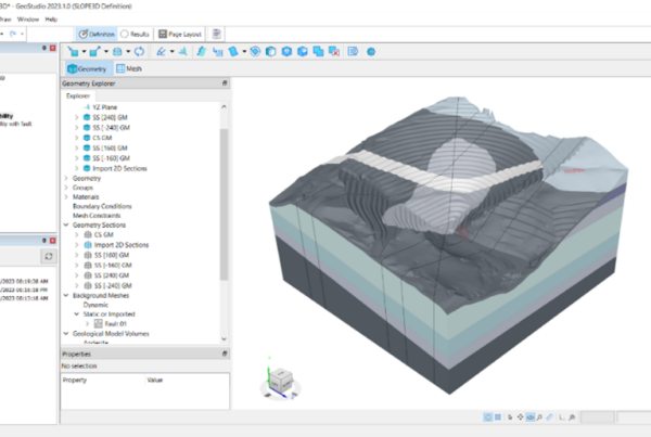 A screenshot of a topographical 3D model within Seequent's SLOPE3D in their GeoStudio portfolio