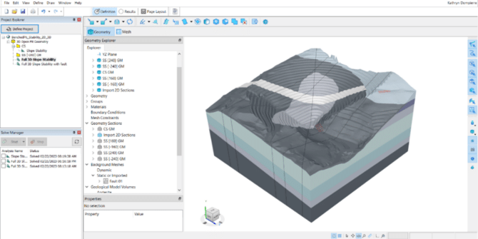 A screenshot of a topographical 3D model within Seequent's SLOPE3D in their GeoStudio portfolio