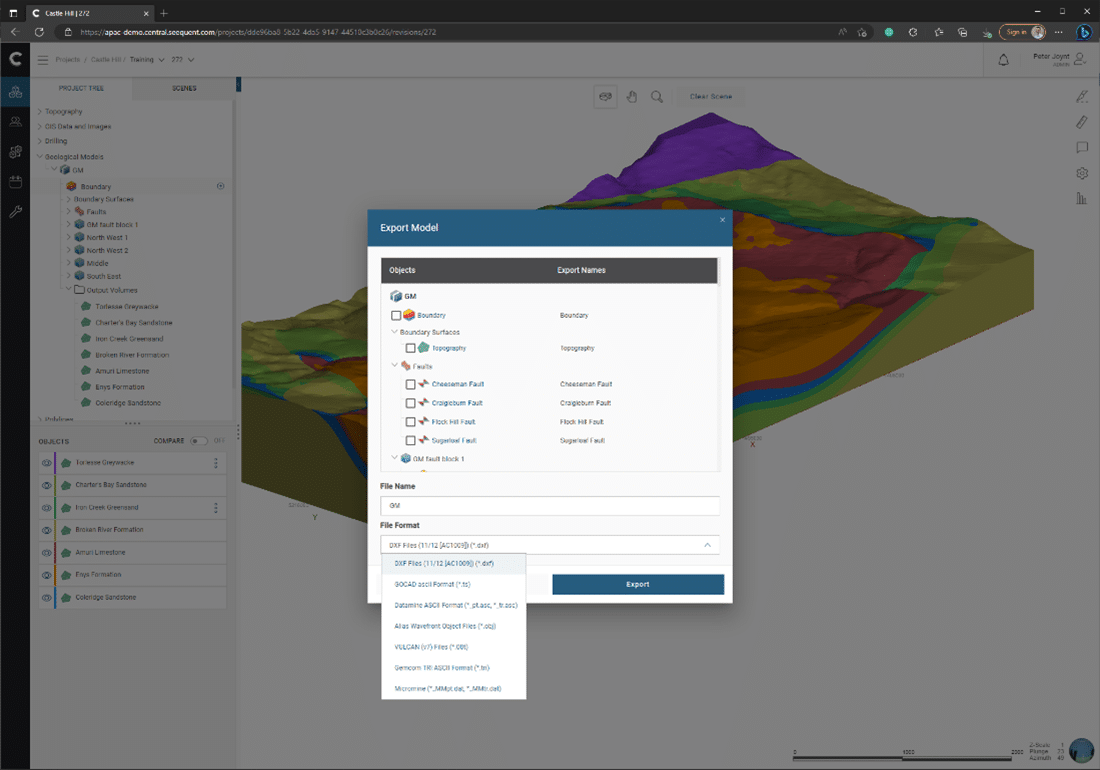 This screenshot shows a 3D geological model being hosted and viewed on Seequent Central, with the Export Model menu open to demonstrate available file formats