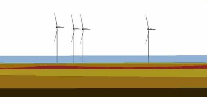 A screenshot of a 3D model with wind turbines in Seequent's Leapfrog Energy