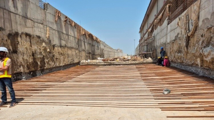 Delhi's Phase IV Metro extension showing reinforcement work for slab concreting.