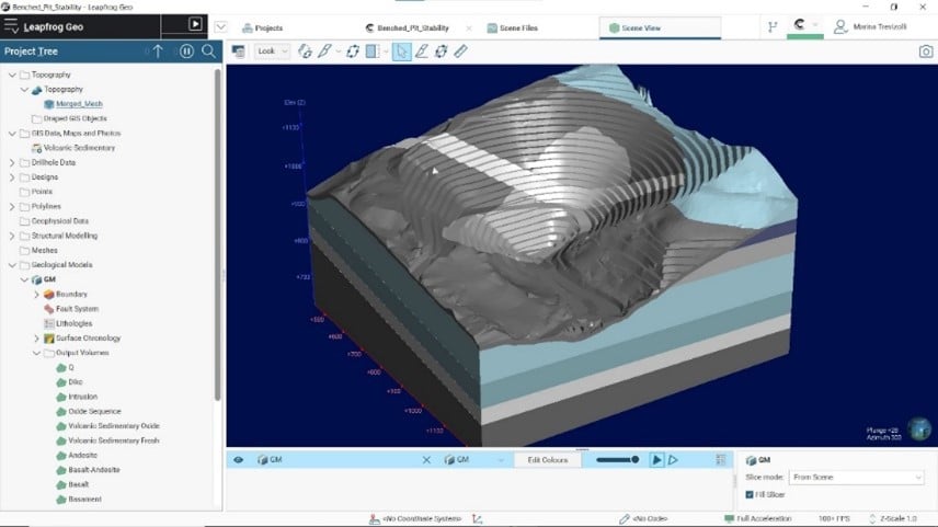 A screenshot of a topographical 3D model within Seequent's Leapfrog Geo 