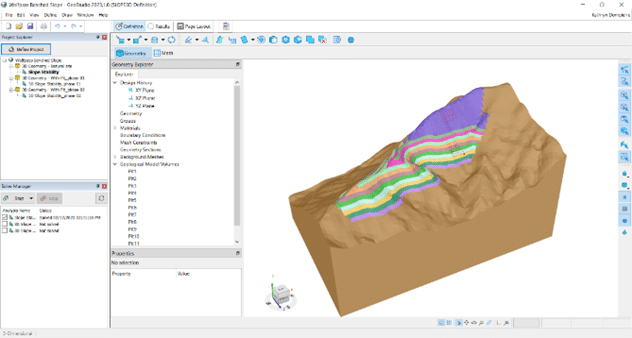 A screenshot of a 3D model within Seequent's SLOPE3D software in their GeoStudio portfolio used for advanced stability analysis