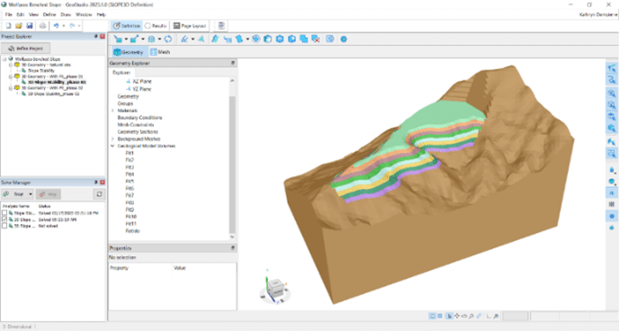 A screenshot of a 3D model within Seequent's SLOPE3D software in their GeoStudio portfolio used for advanced stability analysis