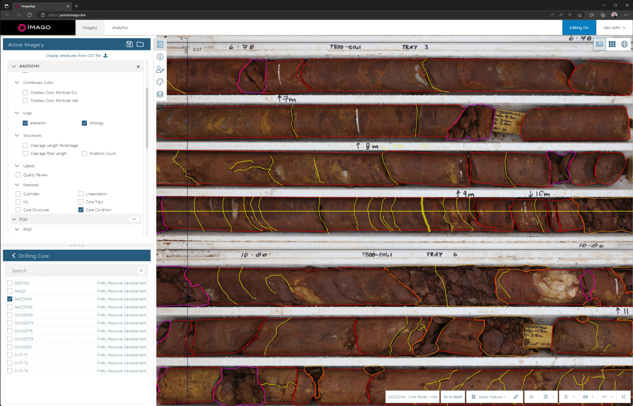 A screenshot of drillcores in Seequent's Imago software