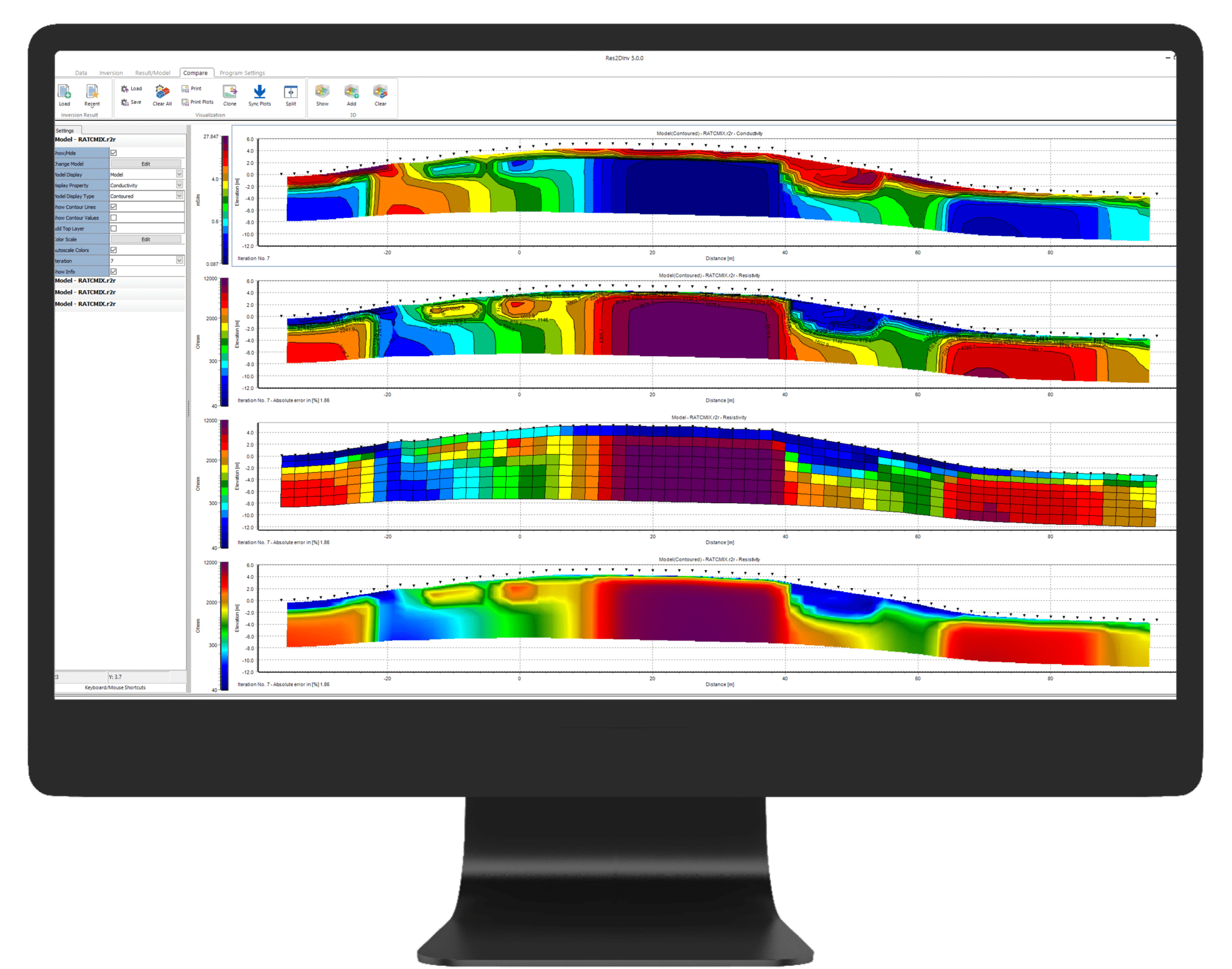 A screenshot of Res2DInv electrodes showing 2D resistivity geophysical inversion