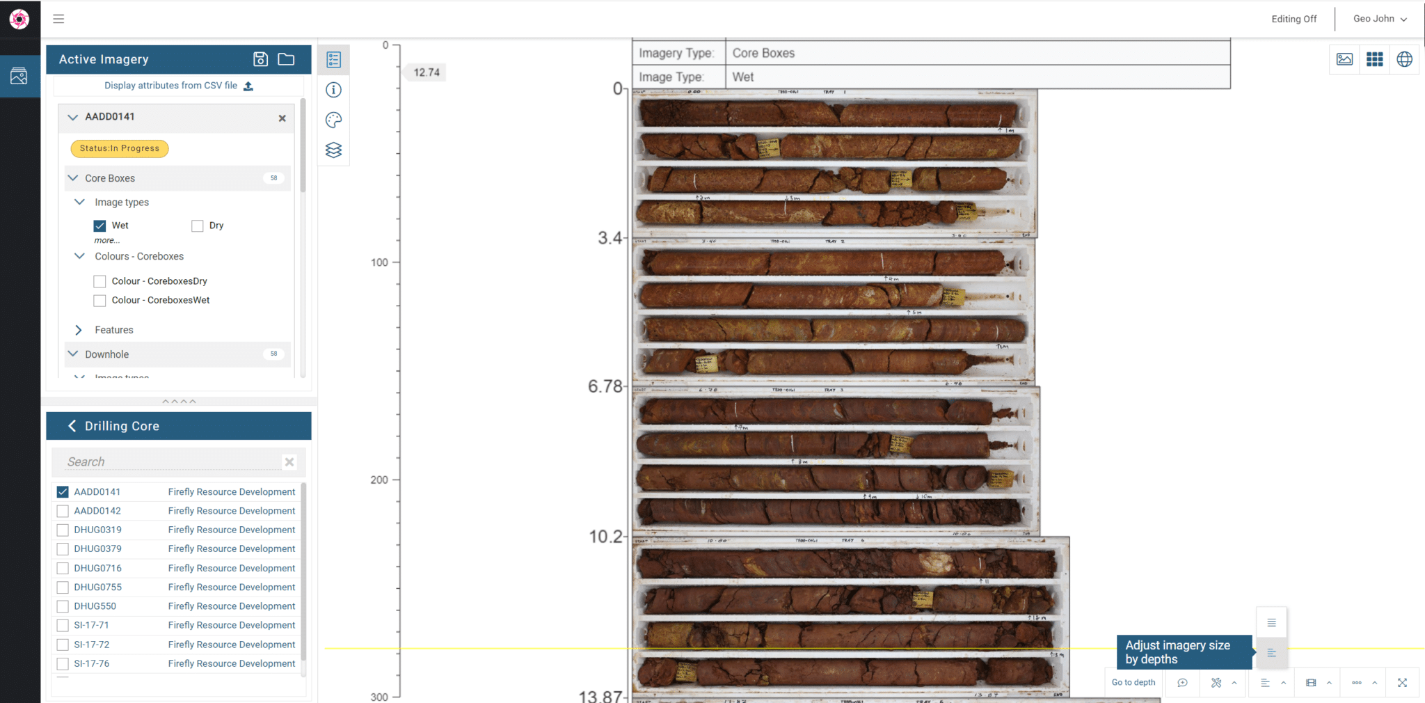 A screenshot of core samples using Data Navigation in imago