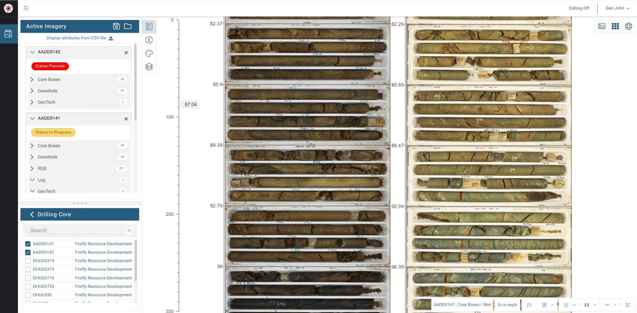 A screenshot of core samples in imago software