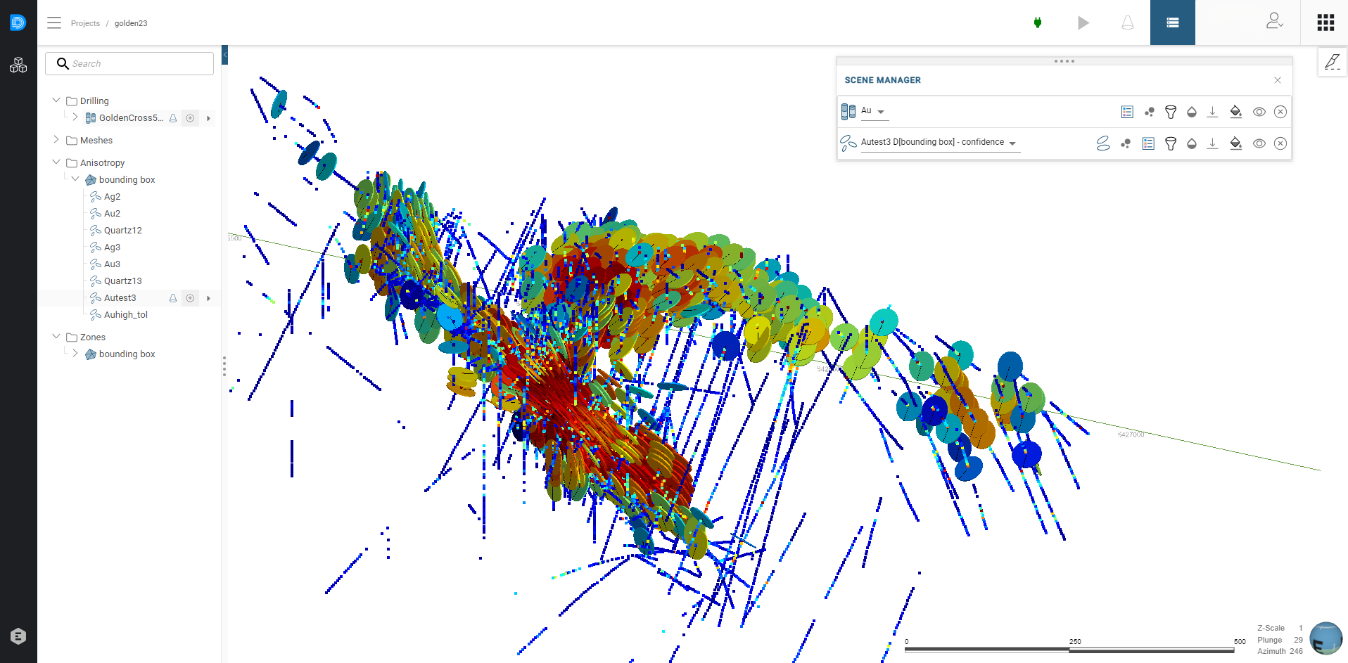 Structural data generated by Driver showing the local continuity of gold (Au) grade in a mineral deposit data set