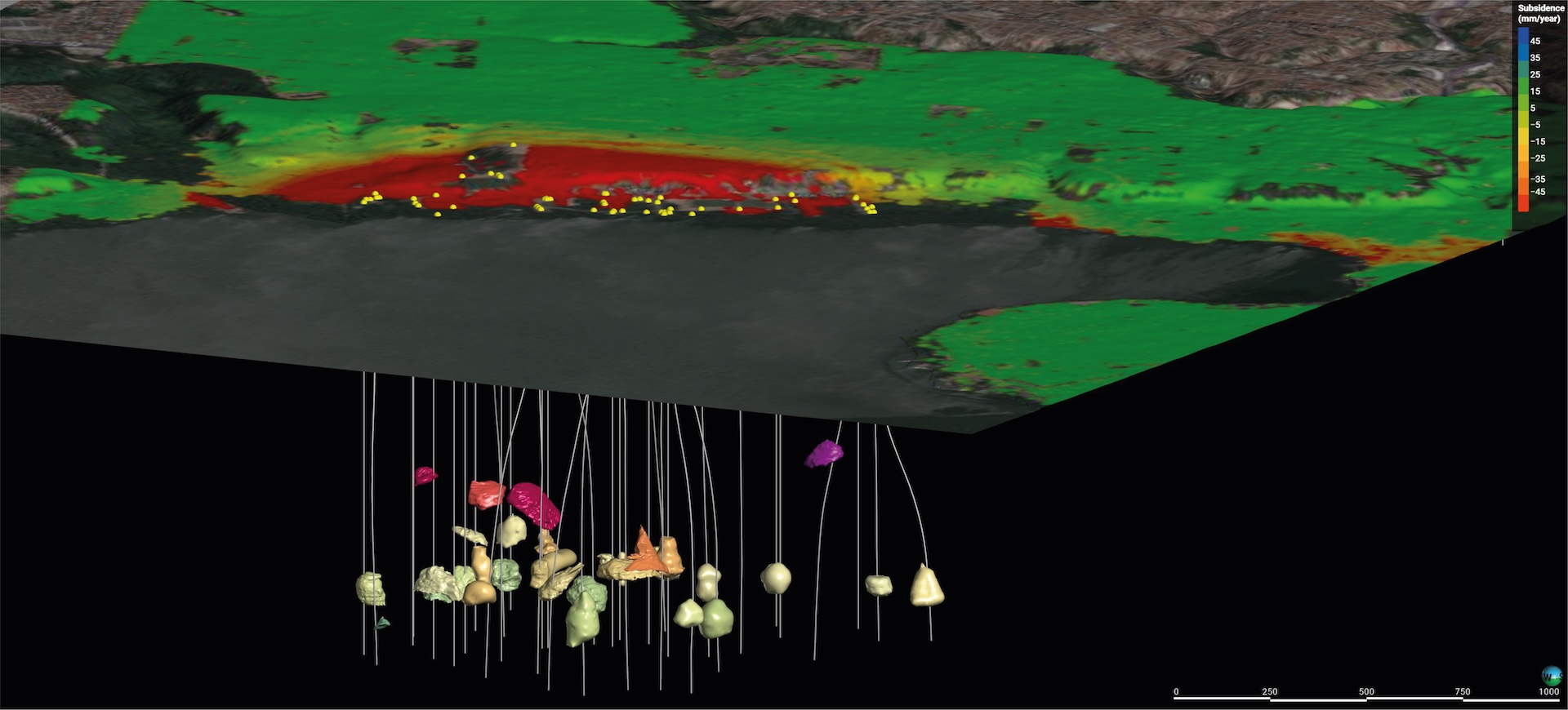 The subsidence map shows that the areas most affected by the lowering of the ground are positioned exactly over the cavities produced by salt mining. The subsidence recorded in these areas is greater than 45 mm per year.