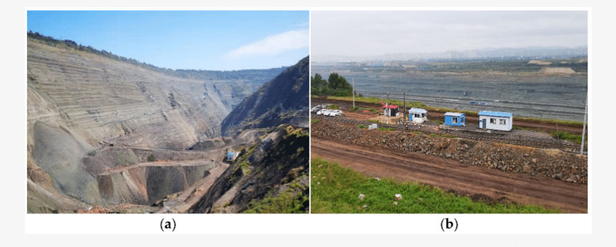 The outline of an open-pit mine in China and a section of road and railroad at the mine.