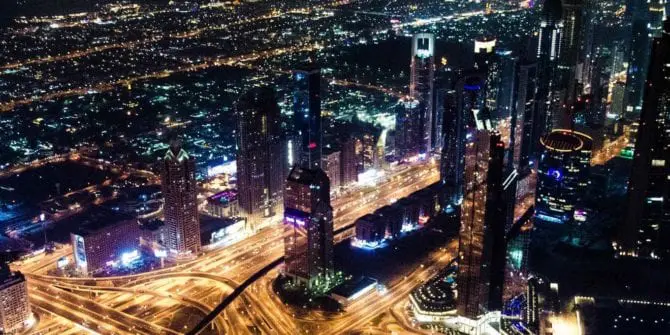 aerial city landscape at night