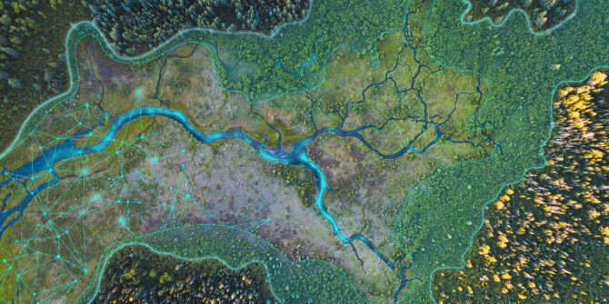 Aerial, birds-eye view river