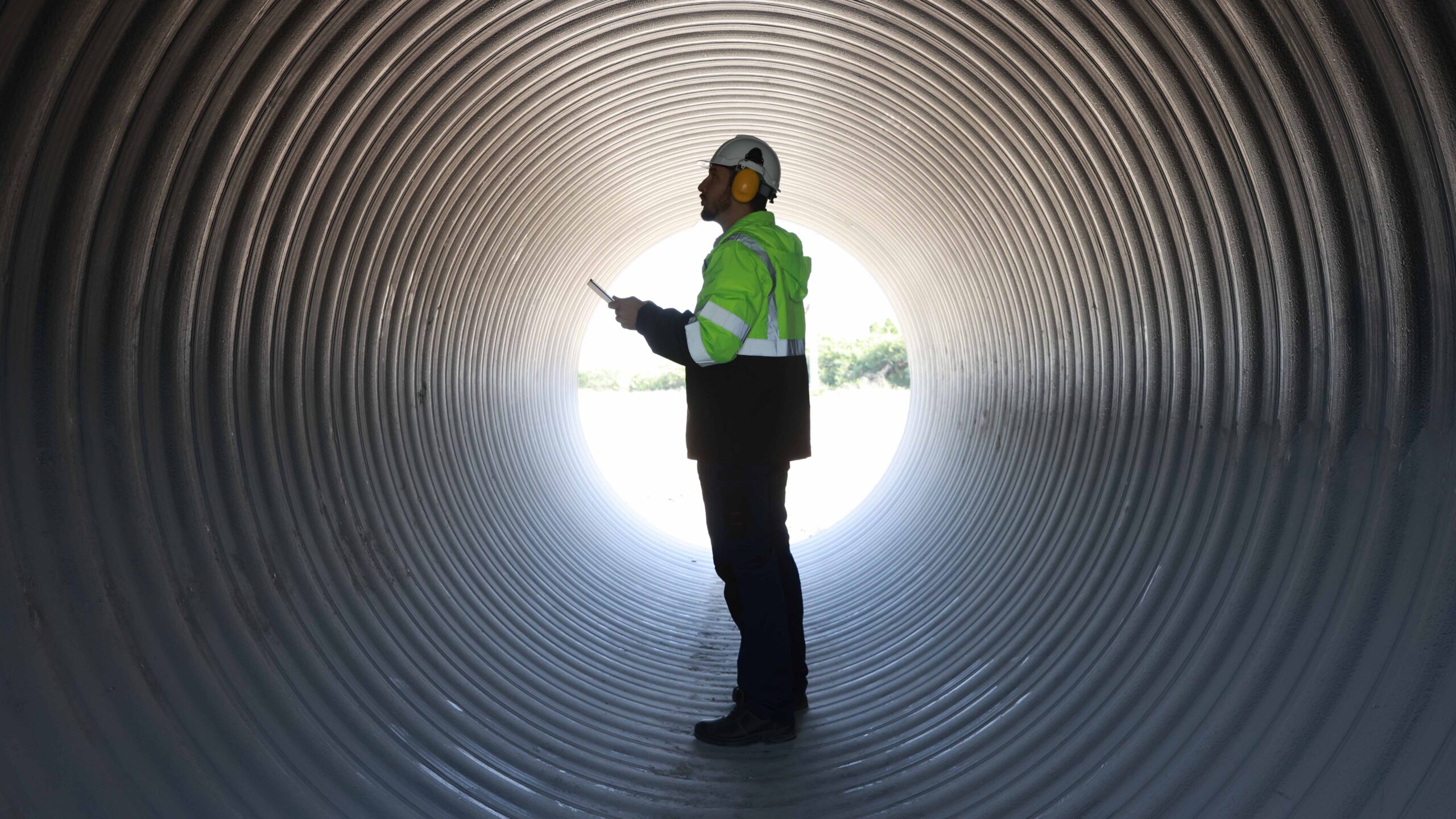 An engineer inspecting a tunnel.