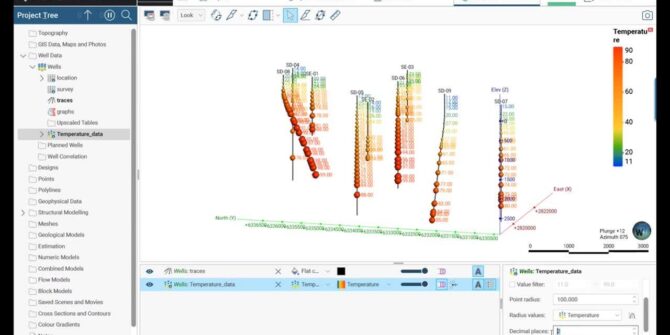 A screenshot of temperature data being 3D modelled in Seequent's Leapfrog Geothermal