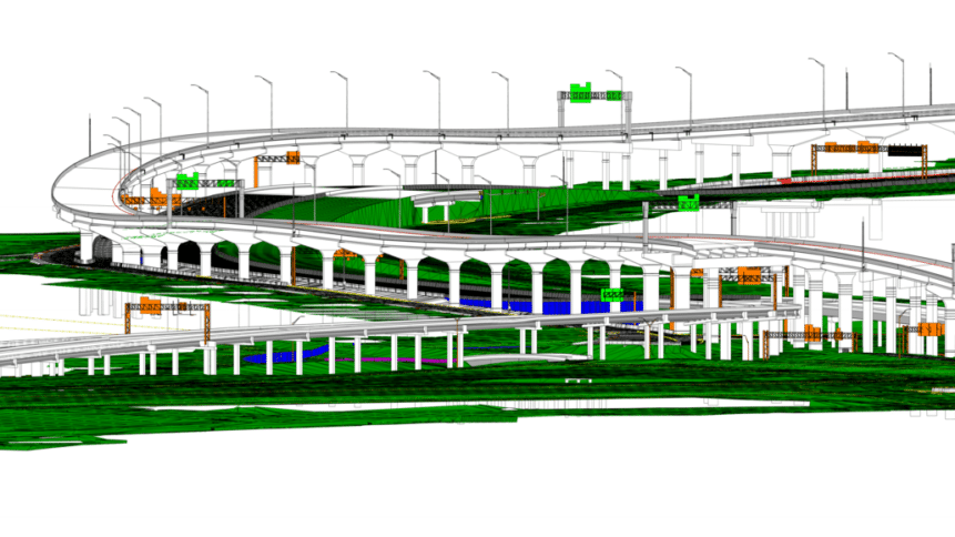 A digital sketch of a complex, multi-level, engineering roadway project