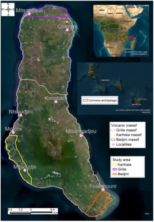 map of a geographical location, volcanic massifs on the island and areas.