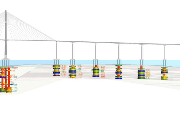 A technical 3D model of a cable-stayed bridge and its supporting piers. The visualization highlights subsurface data for each pier with colorful, circular geotechnical stress or soil profile indicators and numerical data points beneath the water line.