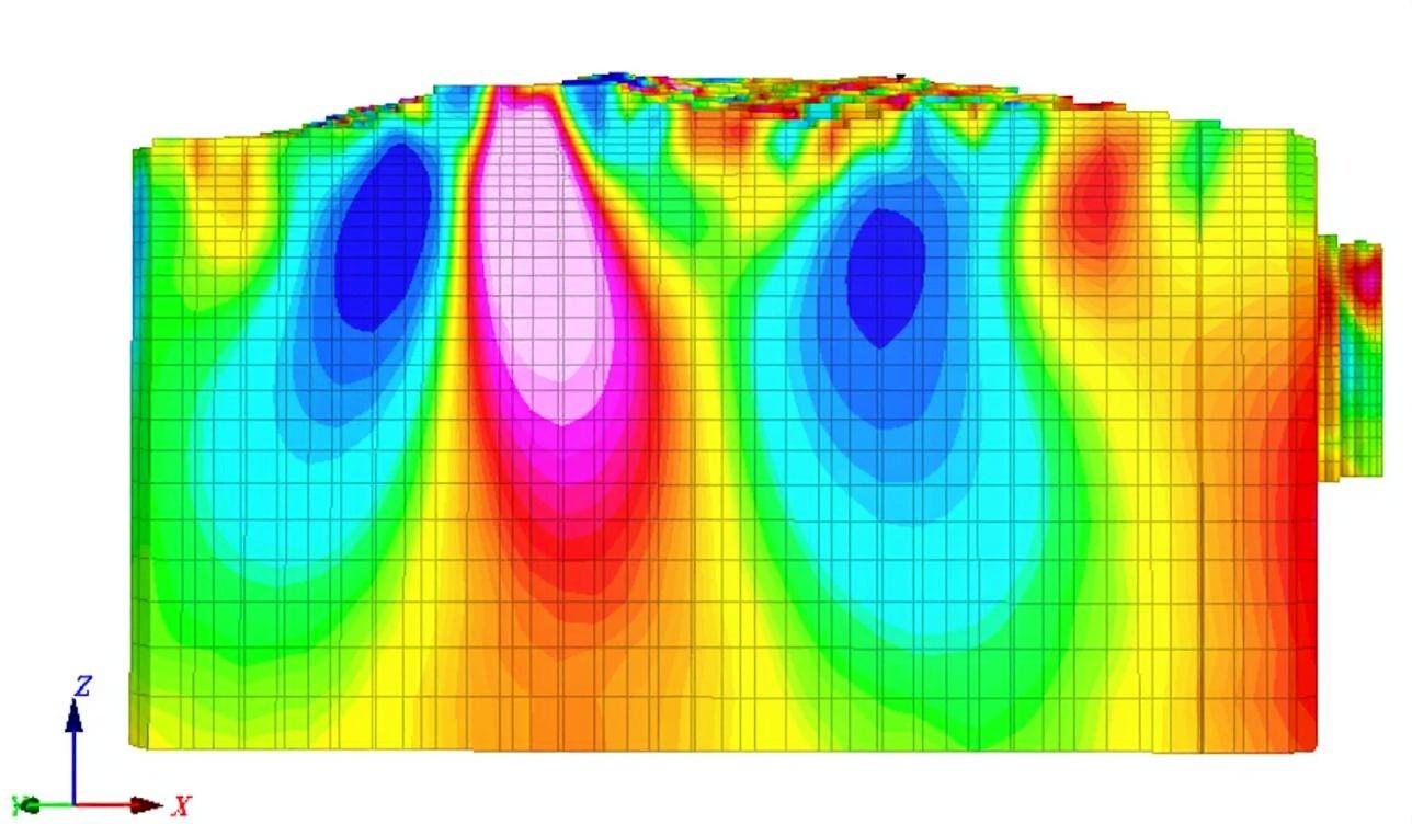VOXI 3D inversion model used to define the depth and geometry of an interpreted geophysical anomaly.