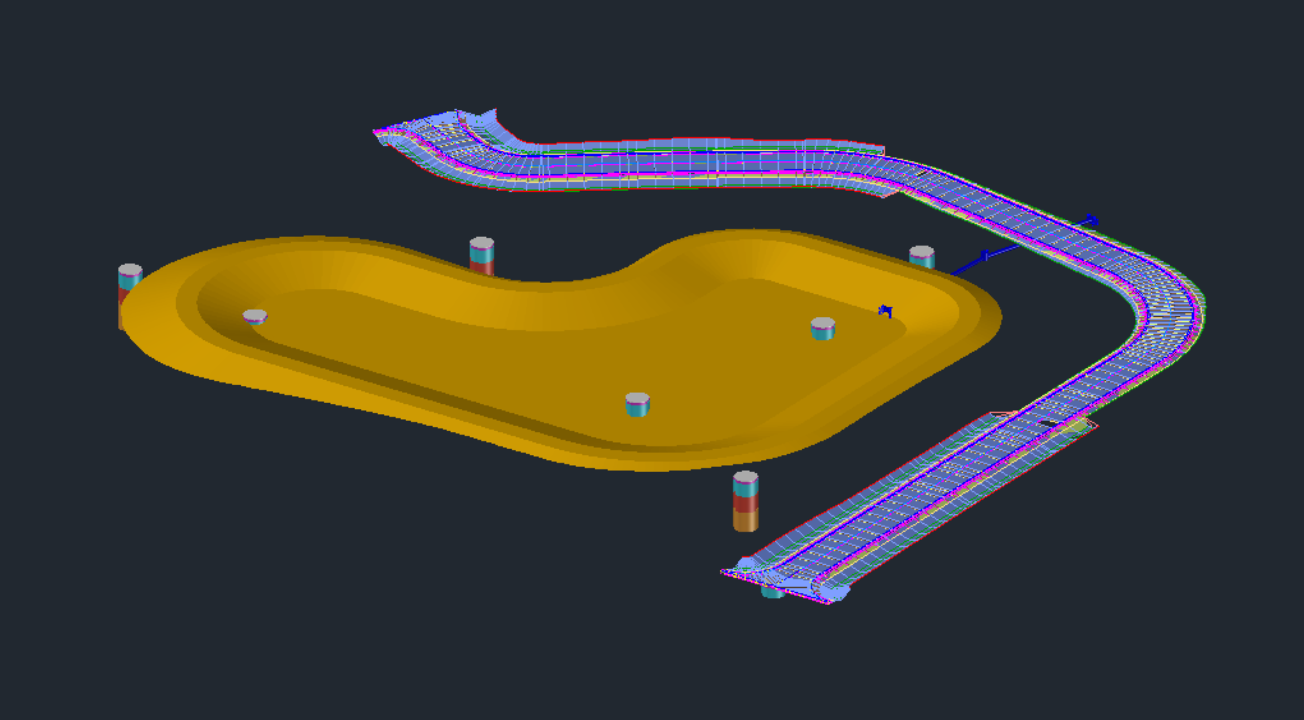 A Civil 3D model showing proposed roadway and drainage pond design integrated with borehole data from OpenGround, giving geotechnical context to support alignment and grading decisions.