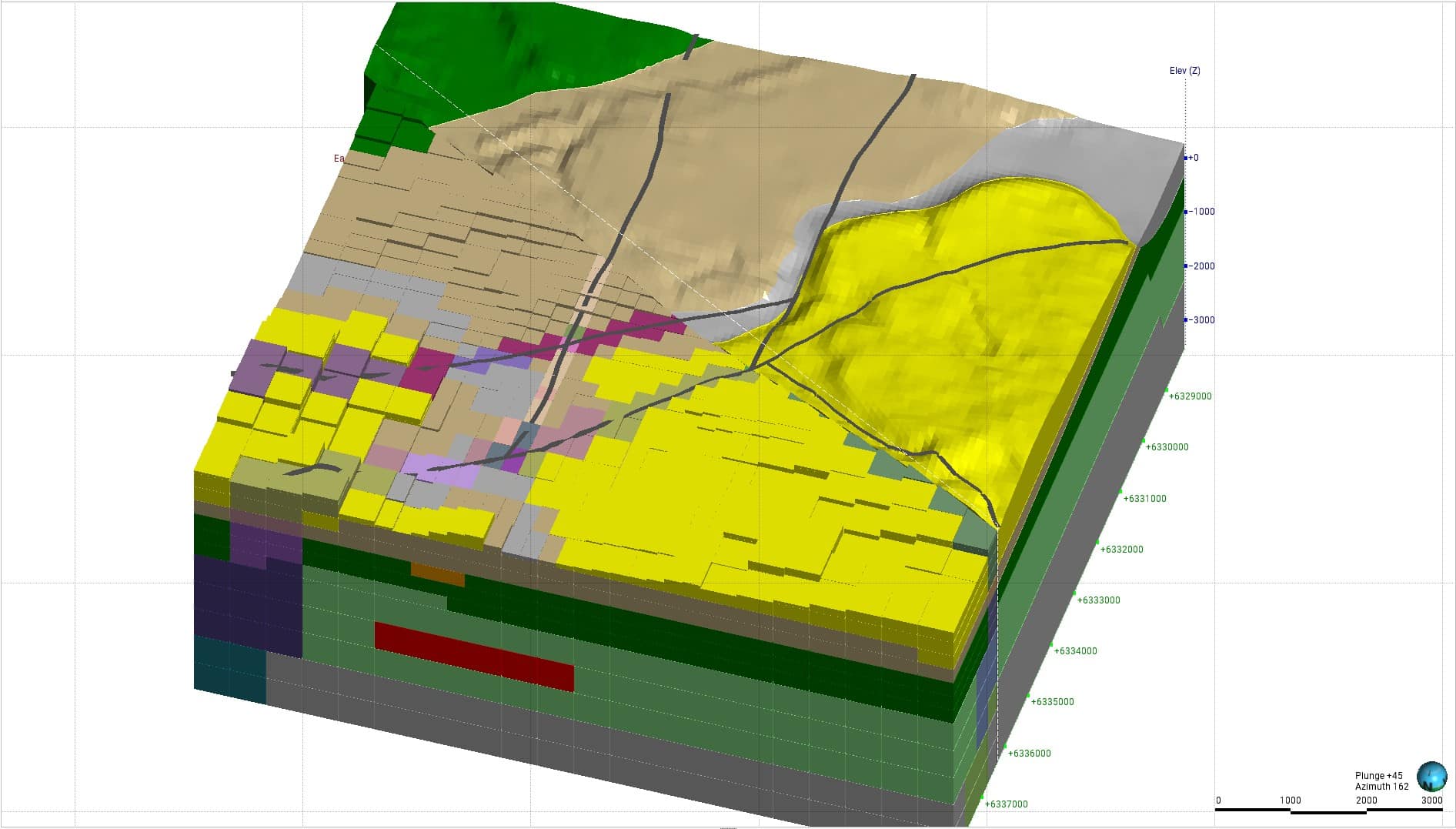 A screenshot of a 3D model in Seequent's Leapfrog Energy