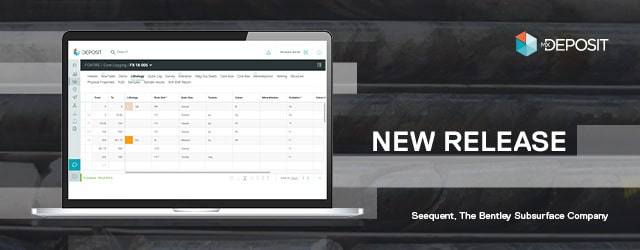 A digital composite hero banner showing a laptop with Seequen't MX Deposit open, as well as the MX deposit logo, the words "new release" and the company name "Seequent, The Bentley Subsurface Company"