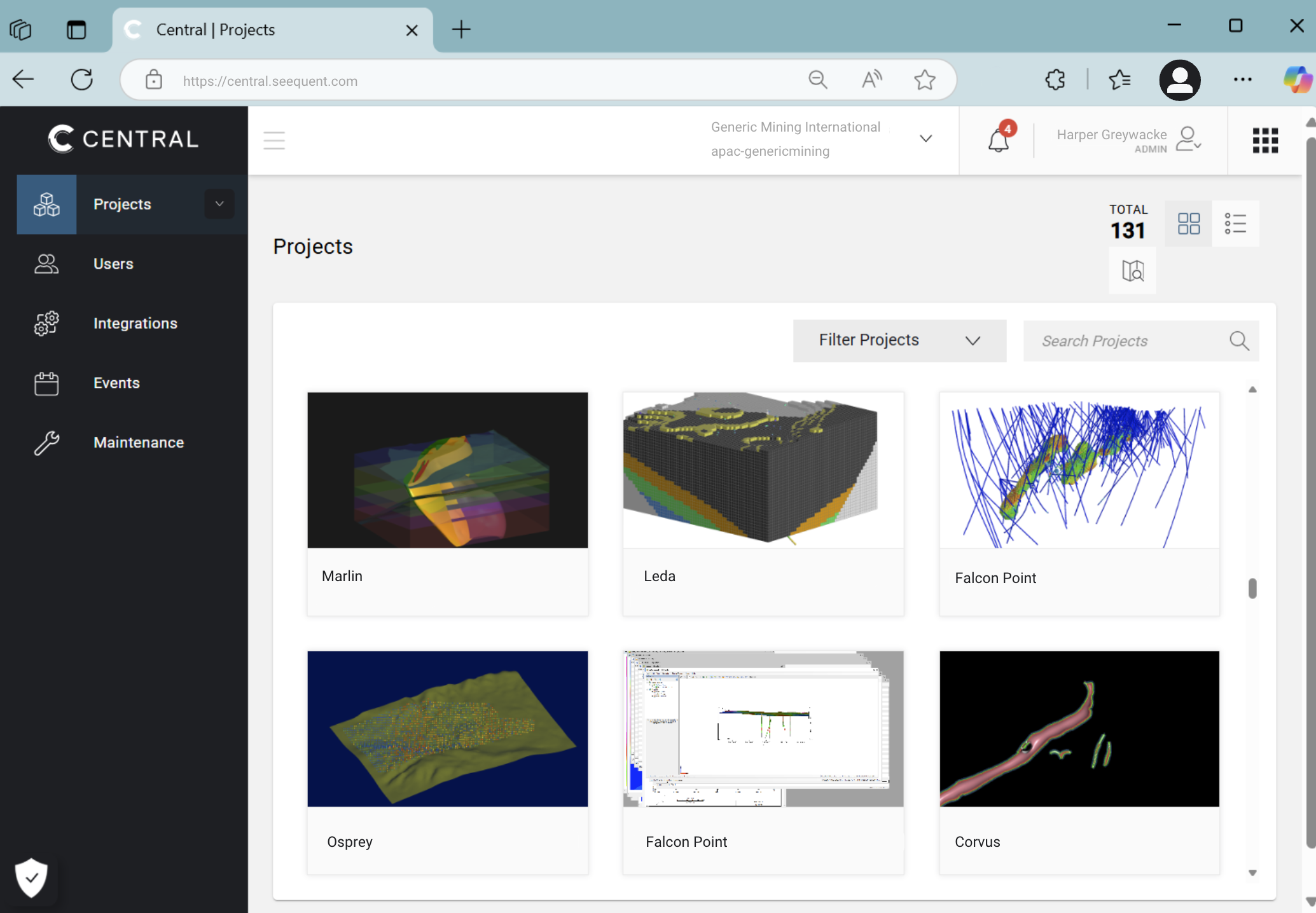 A screenshot of the Seequent Central browser interface, a cloud-based data management platform for geosciences.