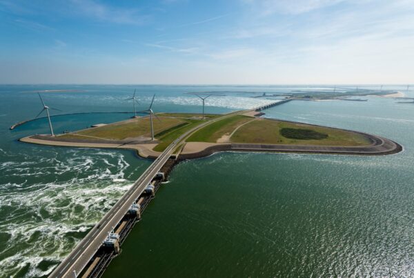 A photo of the Oosterscheldekering (Eastern Scheldt storm surge barrier) from above