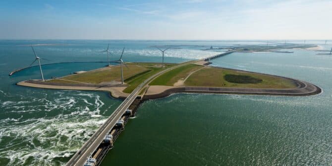 A photo of the Oosterscheldekering (Eastern Scheldt storm surge barrier) from above