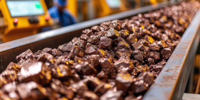 Extracted rare earth elements on a mining conveyor belt.
