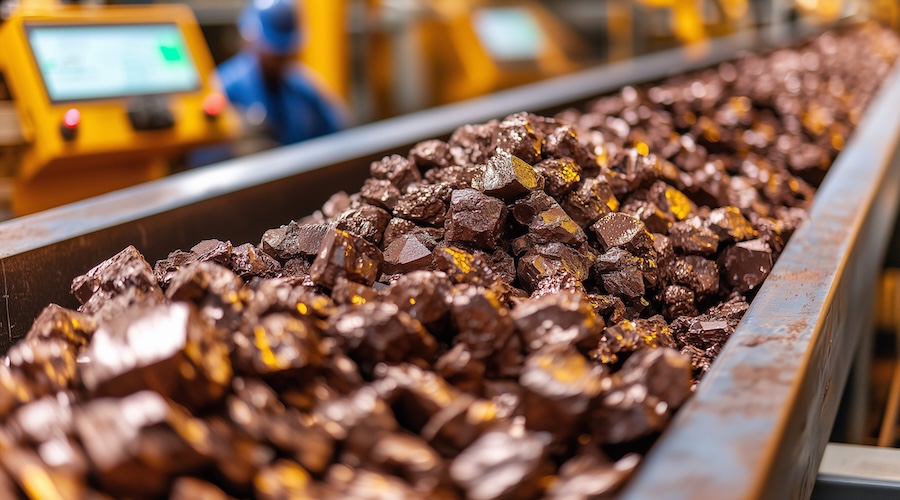 Extracted rare earth elements on a mining conveyor belt.