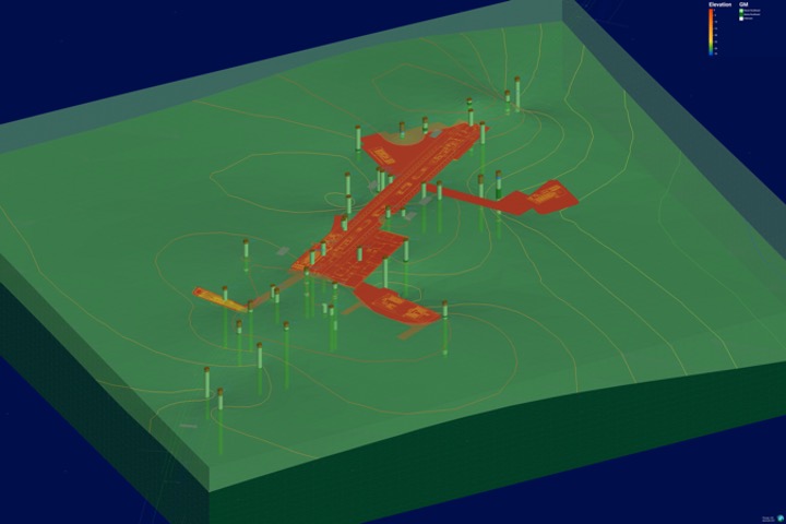 a screenshot of Leapfrog works 3d modelling - Rendered image of CR17 Station distinguishes area that above and below rockhead