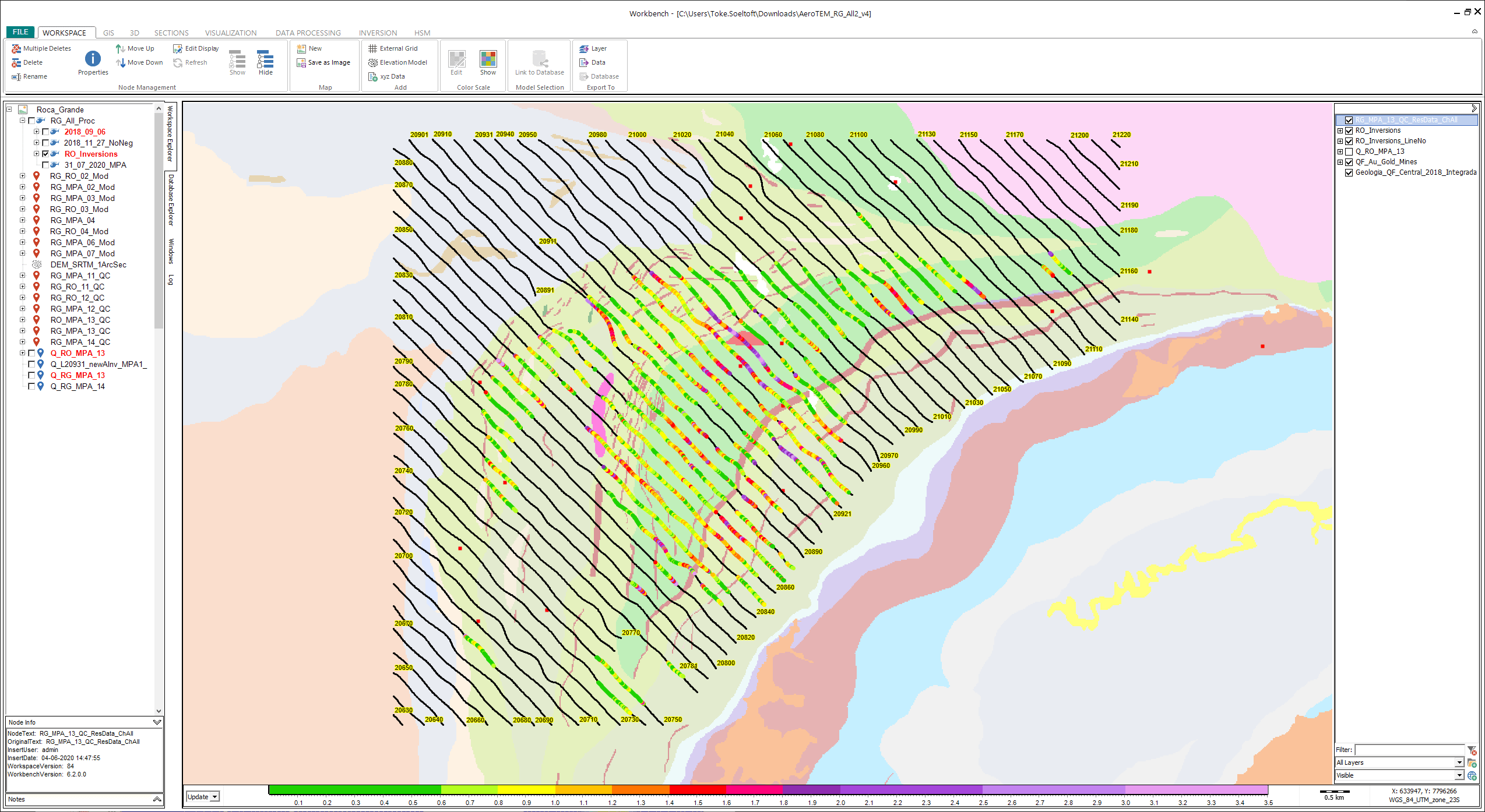 O Workbench aumenta o valor dos efeitos dos dados de polarização induzida (IP, Induced Polarisation) nos dados eletromagnéticos no domínio do tempo (TEM, Time-domain Electromagnetic) para melhorar os modelos de mineração