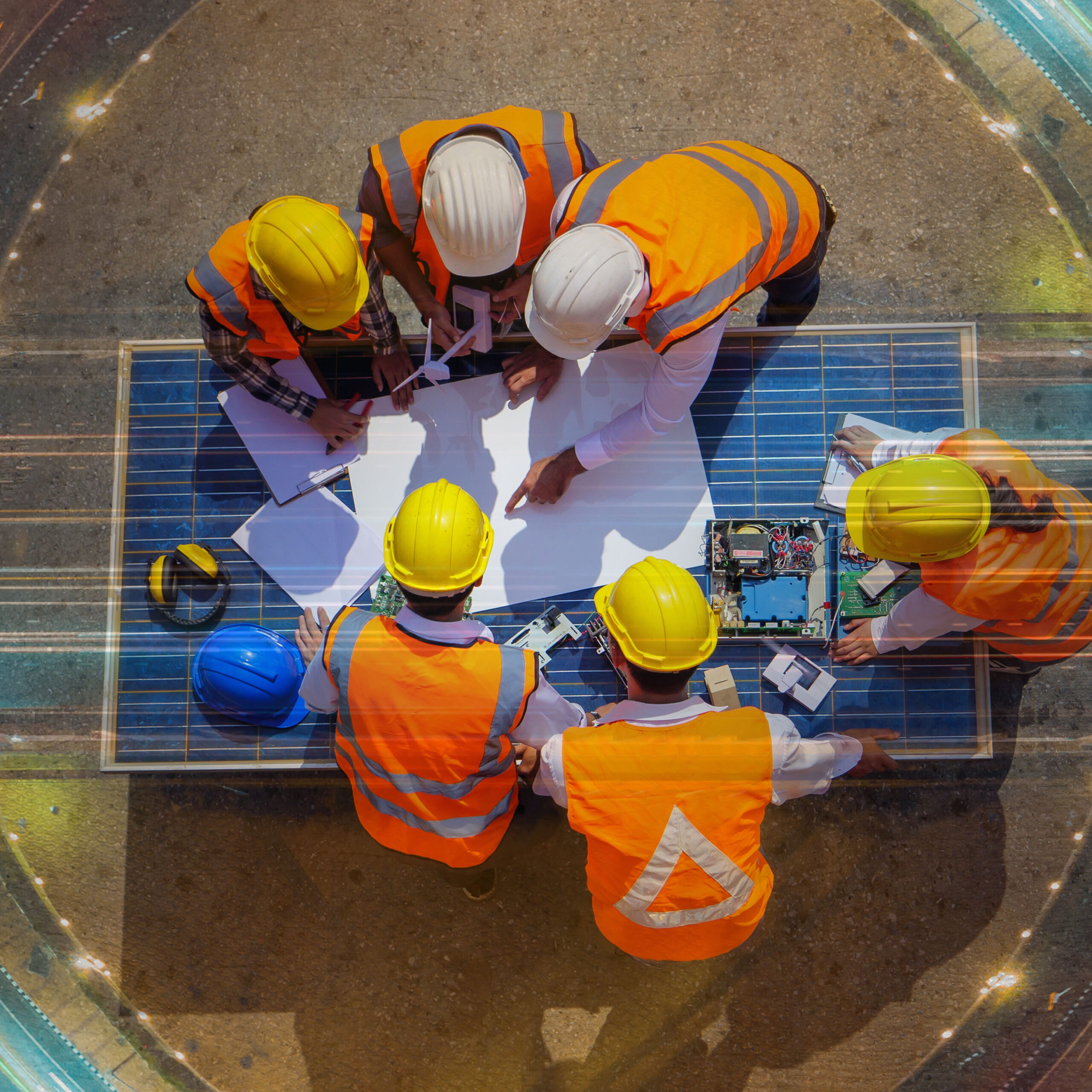 Top view of architectural engineer working on solar panel and his blueprints with Solar photovoltaic equipment on construction site. meeting, Road traffic an important infrastructure