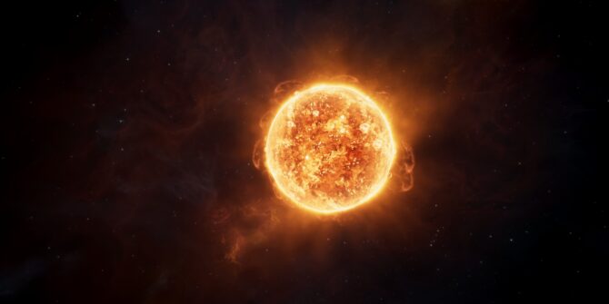 star of our solar system 3D illustration wide shot. Nebula gases erupting from the Sun's surface. Solar hot energy flares and coronal mass ejections unleash a torrent of searing hot gases into space.