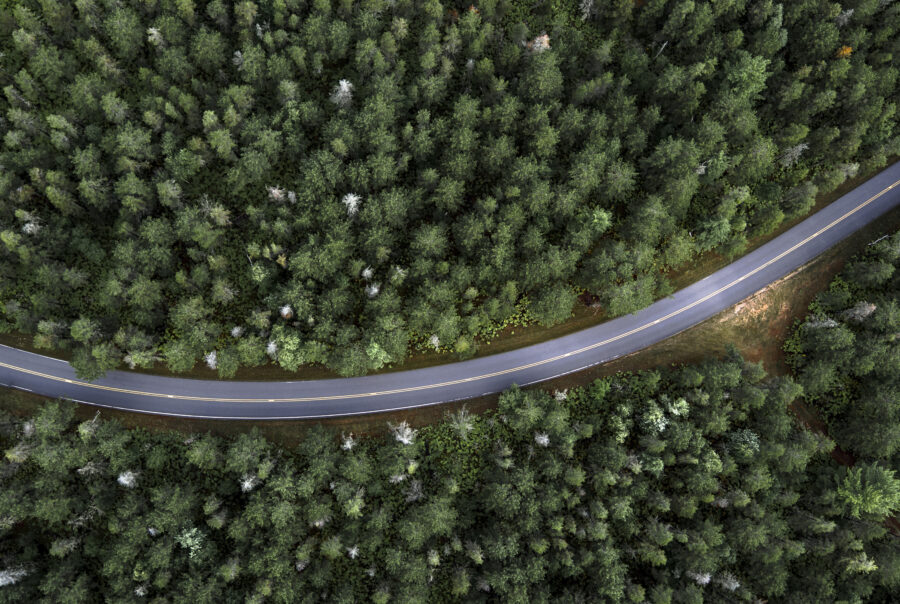 Arial phot over forrest and a winding road going through it.